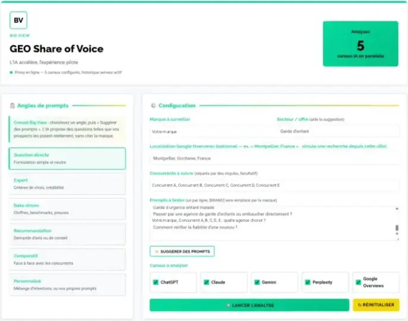 Interface de l'outil GEO Share of Voice de Big View