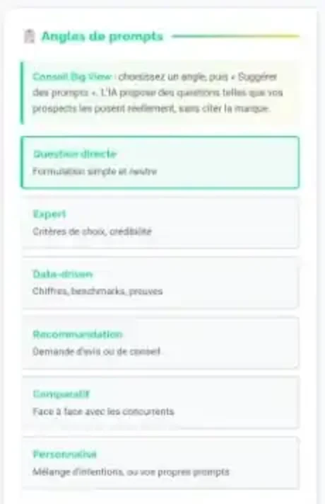 Choix des angles de prompts dans GEO Share of Voice